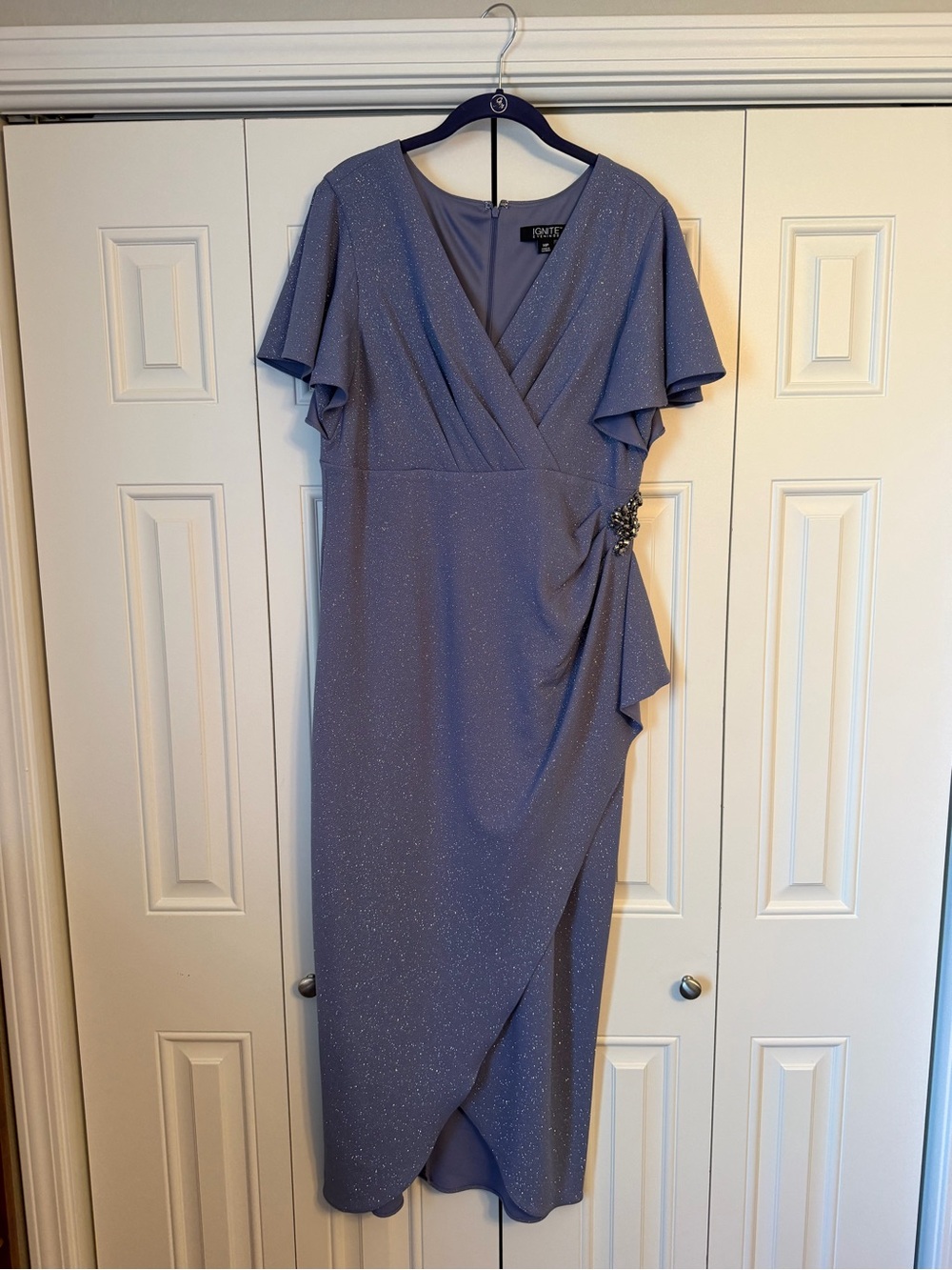 Ignite Evenings 14P Dusty Blue Sparkle Wrap Maxi flutter sleeve Dress Mother